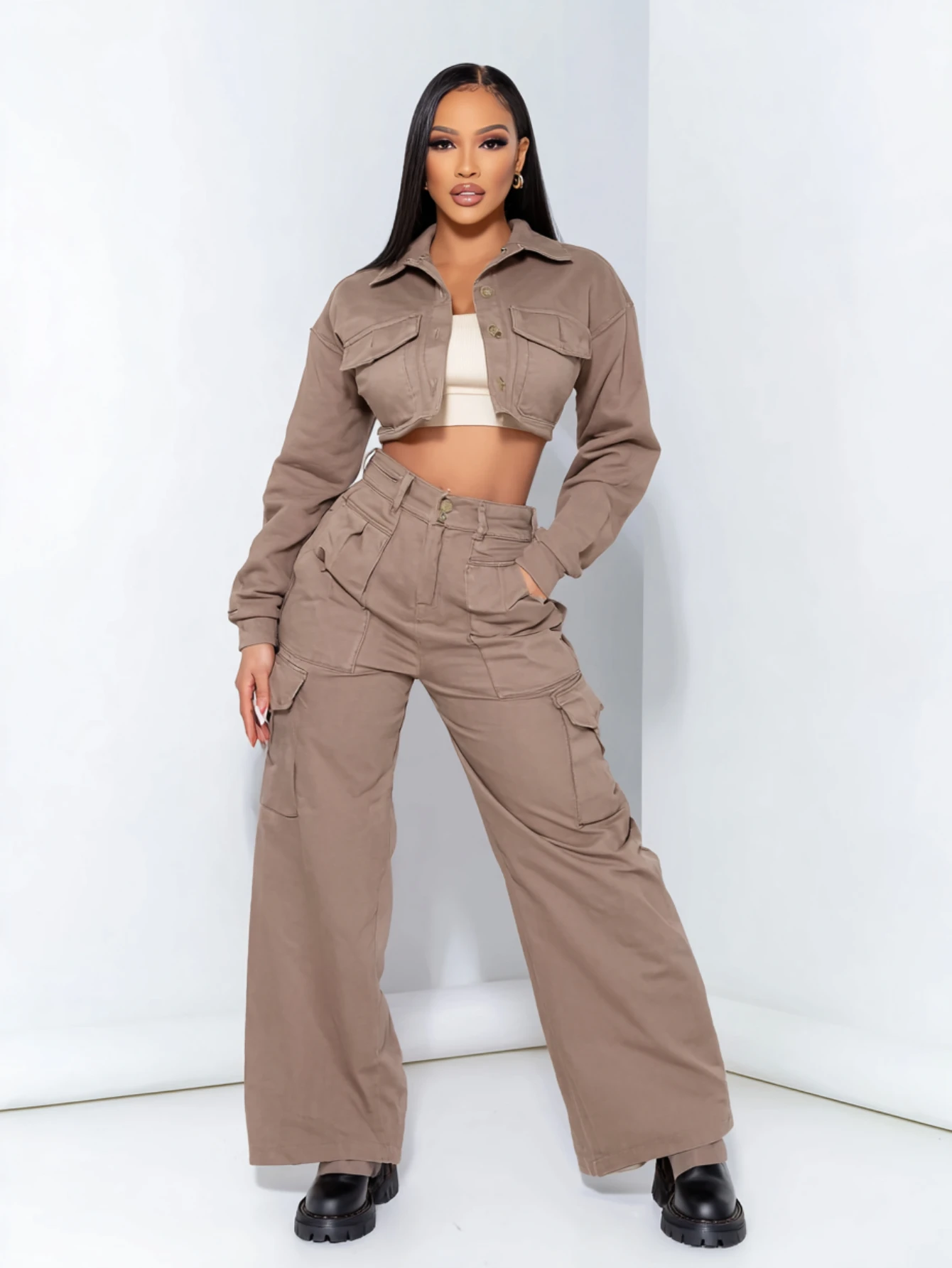 

Mia Muse Boutique женские комплекты осенней уличной одежды однотонные пуговицы спереди с длинными рукавами и воротником рубашки полная длина комплекты брюк-карго