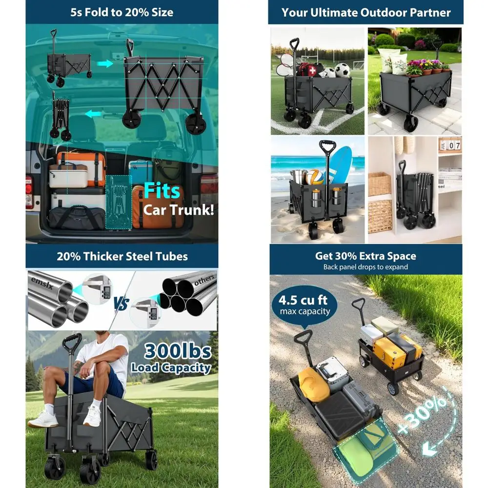 

Вездеходная складная корзина для покупок с большой емкостью и большими колесами для использования на открытом воздухе, 4,5 куб. фута, серая