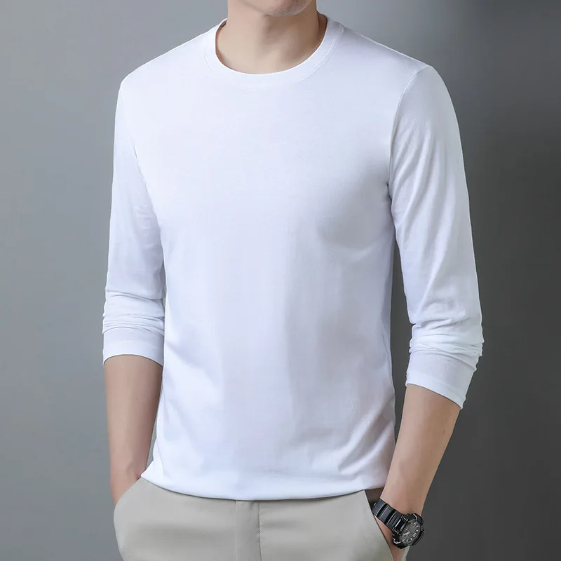100% Cotton Long Sleeve T-Shirt Men, Autumn Solid Color Casual Round Neck Base Shirt, Thin Loose Fit Tee For Men