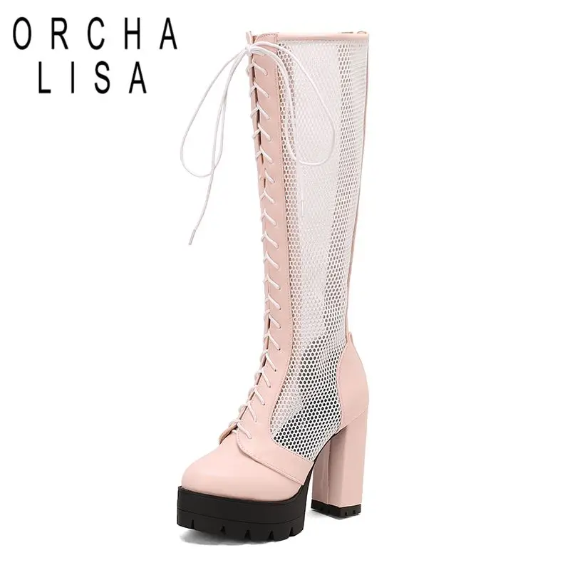 ORCHA LISA Sexy Women Knee High Boots Round Toe Block Heels 12cm Platform 4cm Zipper Lace Up Mixed Color 47 48 49 50 Dating Bota