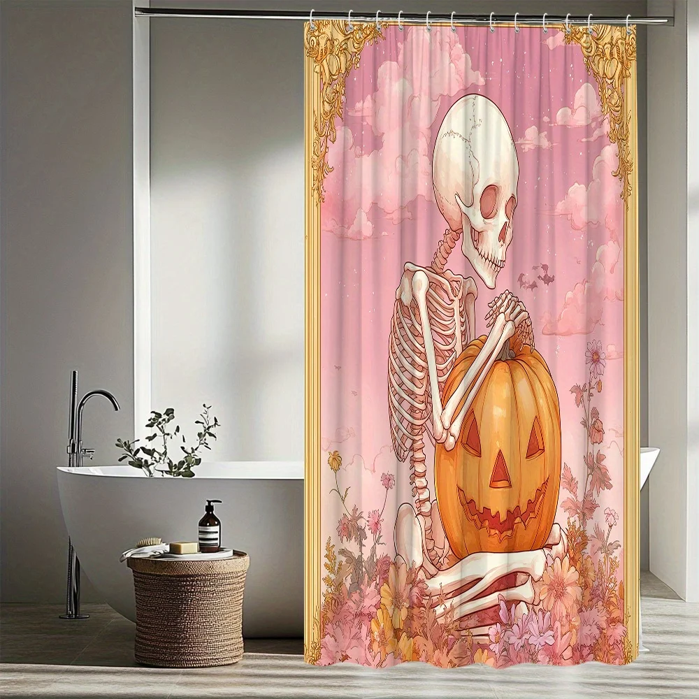 Halloween Shower Curtain Skeleton Pumpkin Landscape Pattern Bathroom Decoration Polyester Fabric Contains