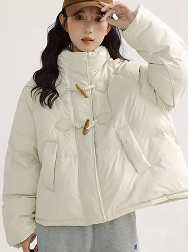 Y2K Fashion Horn Button Parkas Women Winter New Streetwear Stand Collar Cotton Jacket Korean Loose Thick Short Coat Female