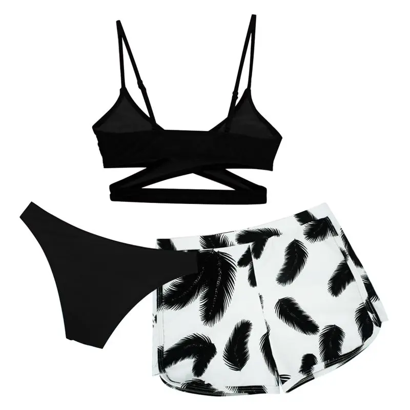 

Детский комплект бикини для девочек 8-14 лет, детский купальник с принтом, комплект из 3 предметов, топ, короткие пляжные шорты, купальный костюм