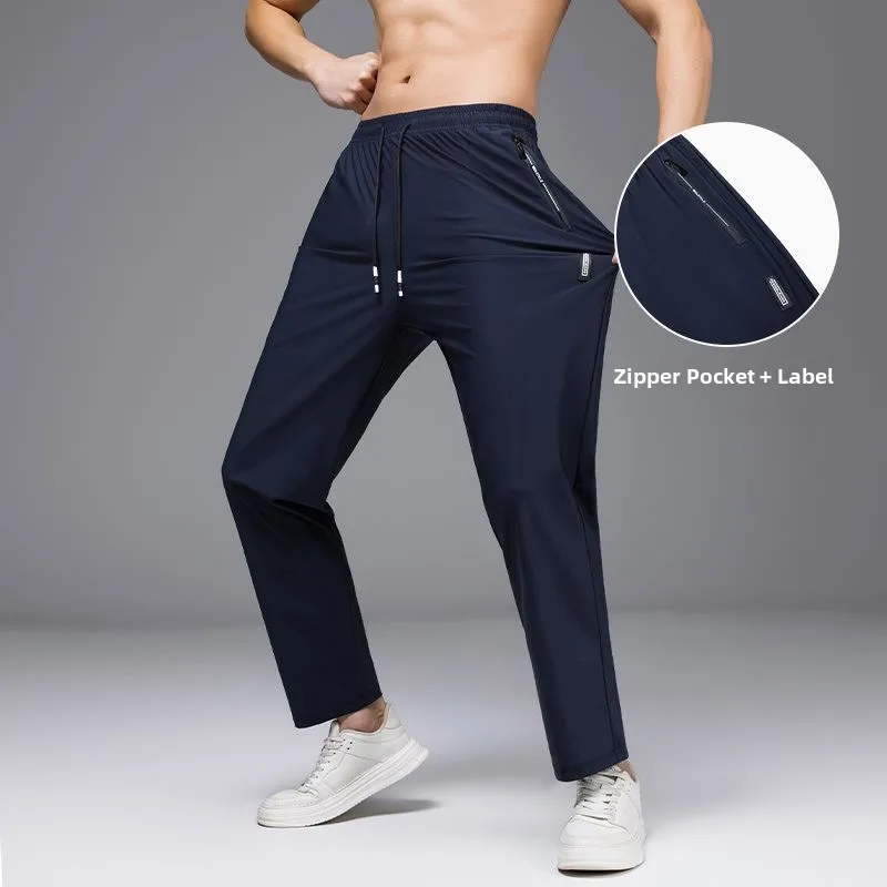 

Nylon Fabric Summer New Sle Ice Silk Cuffed Trousers for Middle-aged And Young Men Casual Straight Leg High Waist Pants