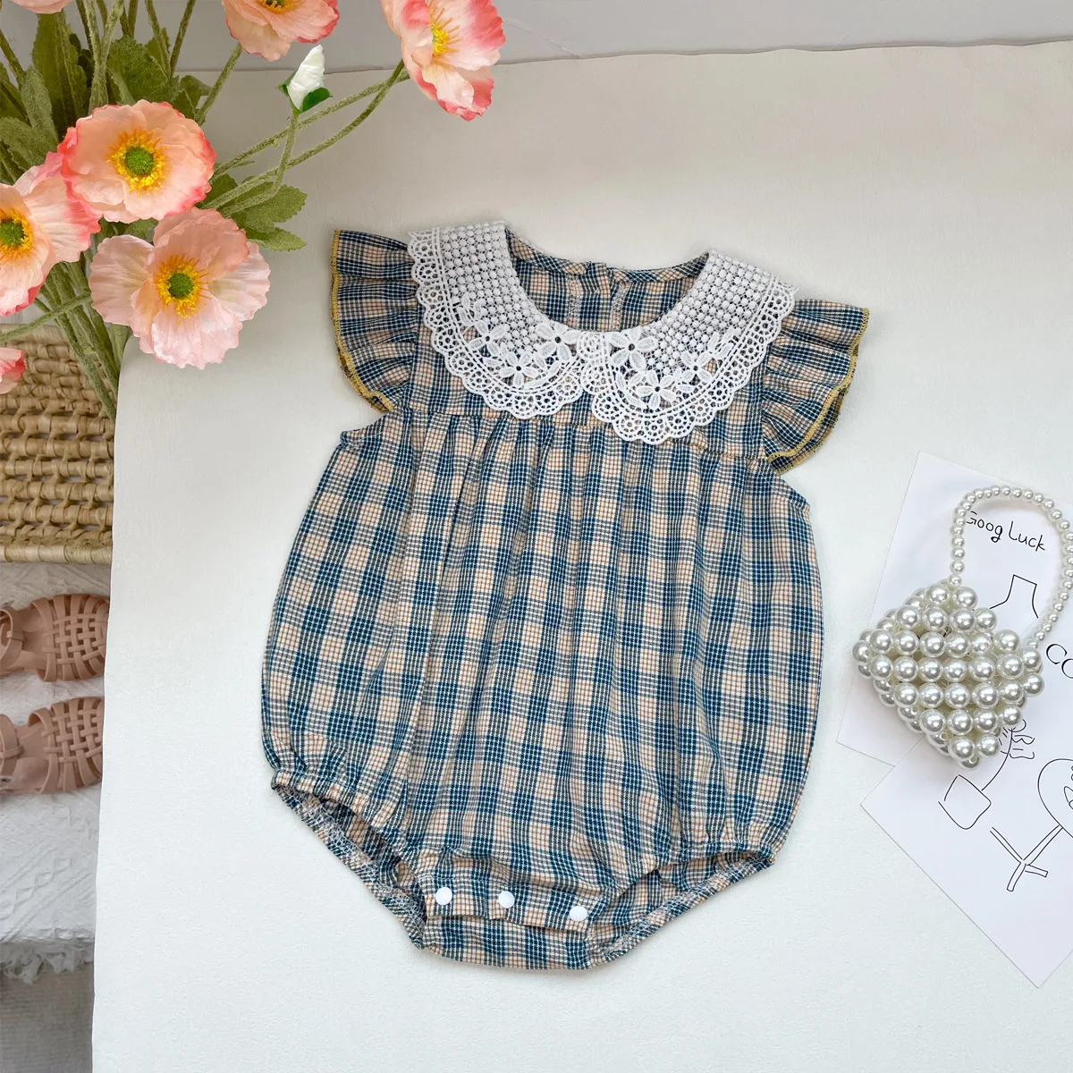 

Summer Baby Girls Jumpsuit Lacy Blue Plaid Short Sleeve Infant Bodysuit Baby Clothes 0-24 Months