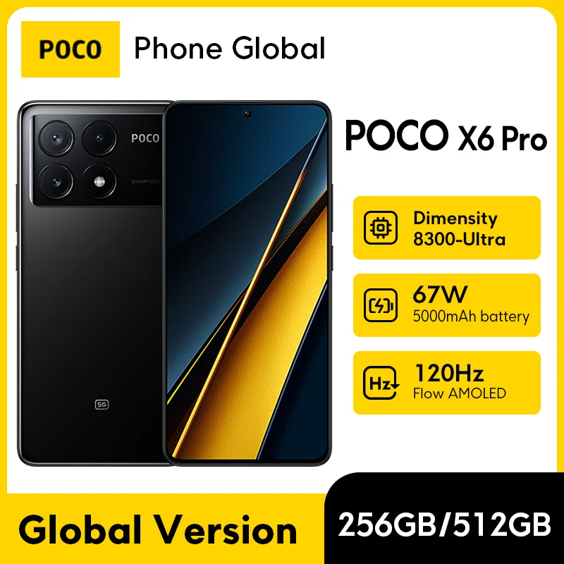 هاتف ذكي POCO X6 Pro 5G الإصدار العالمي 256 جيجابايت/512 جيجابايت MTK 8300-Ultra 6.67 بوصة AMOLED DotDisplay كاميرا 64 ميجابكسل NFC 67 وات شحن توربو
