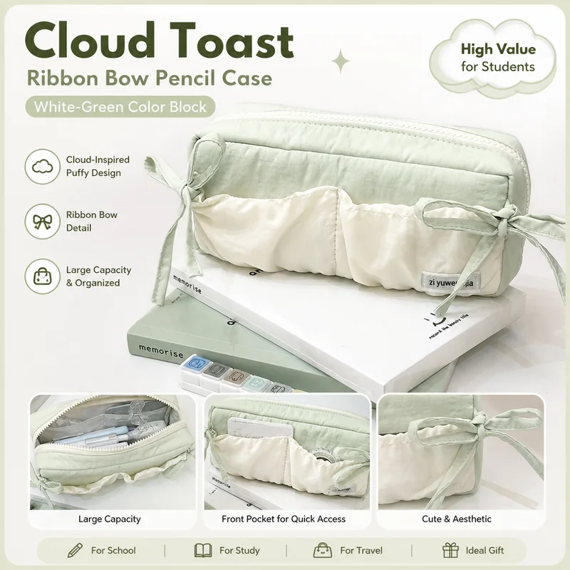 Zi Yuwen Cloud Toast Pencil Case Ribbon Bow White Green Color Blocking High Value Large Capacity Stationery Pouch For Office