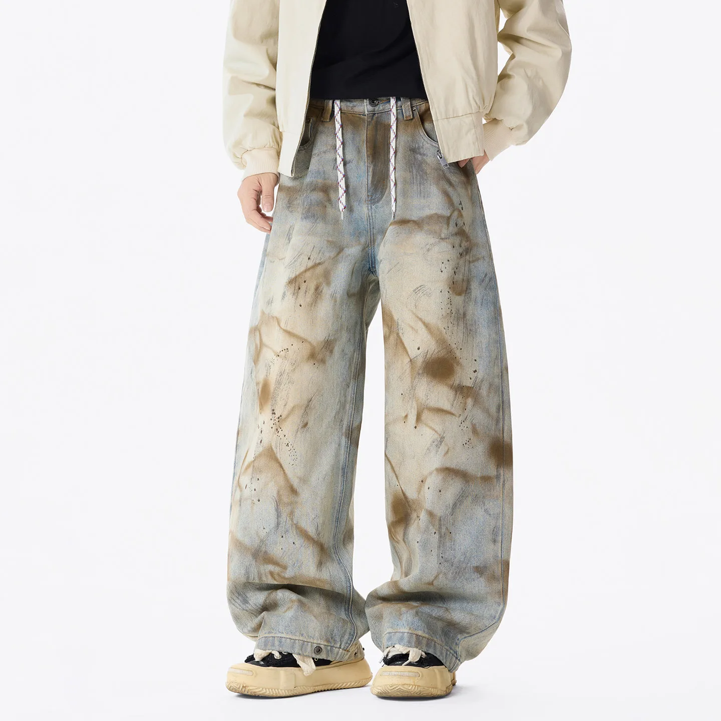 

CHIC Distressed Washed Baggy Jeans for Men American Retro Mud Curved Denim Pants Man Straight Wide Leg Trousers Bottoms Clothes