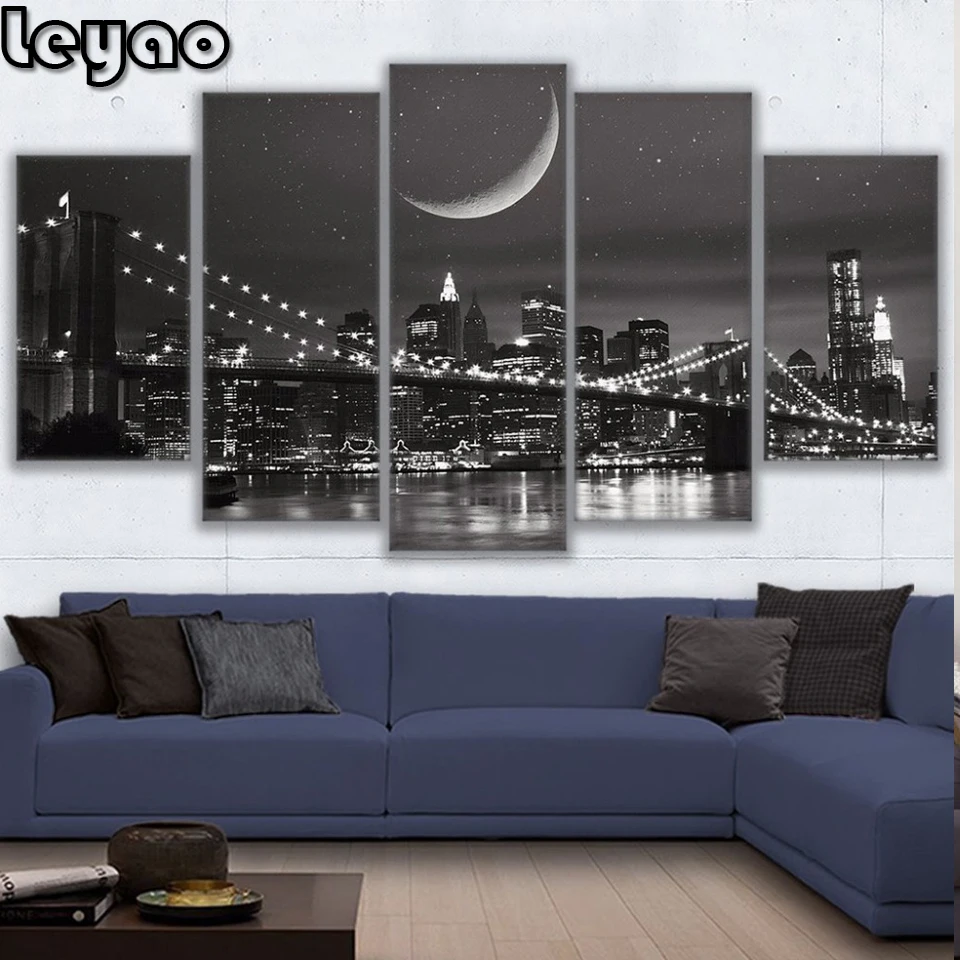 

Diamond Painting 5d Modular Wall Art Home Decor 5 Pieces New York Moonscape Pictures embroidery Brooklyn Bridge Poster