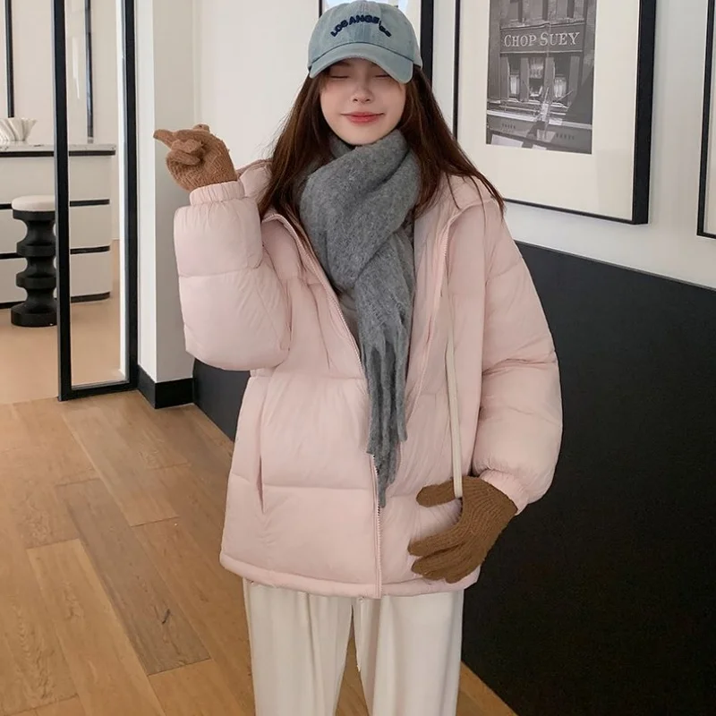Female Korean Dusty Pink Hooded Cotton Coat Women Elastic Cuffs Warm Short Minimalist Winter Casual All-match Padded Jacket