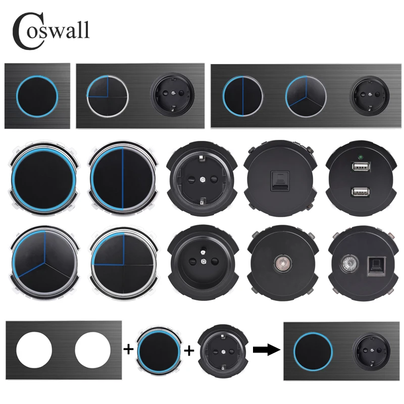 COSWALL LB Series Black Brushed Aluminum Panel On / Off Wall Light Switch With Blue Large Aperture Backlight DIY Module