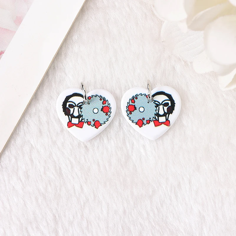 12Pcs Halloween Heart Charms Two Side Print Acrylic  Skull For Necklace DIY Making Accessories