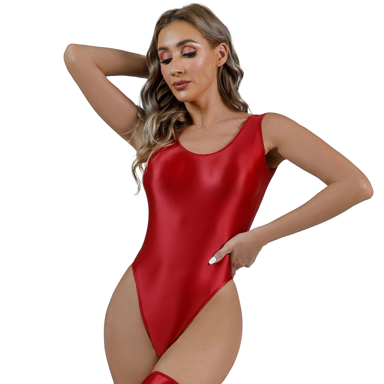 Womens Swimsuit Swimming Bathing Suit Glossy Backless Bodysuit One Piece Pool Party Swimwear High Cut Sleeveless Leotard Costume