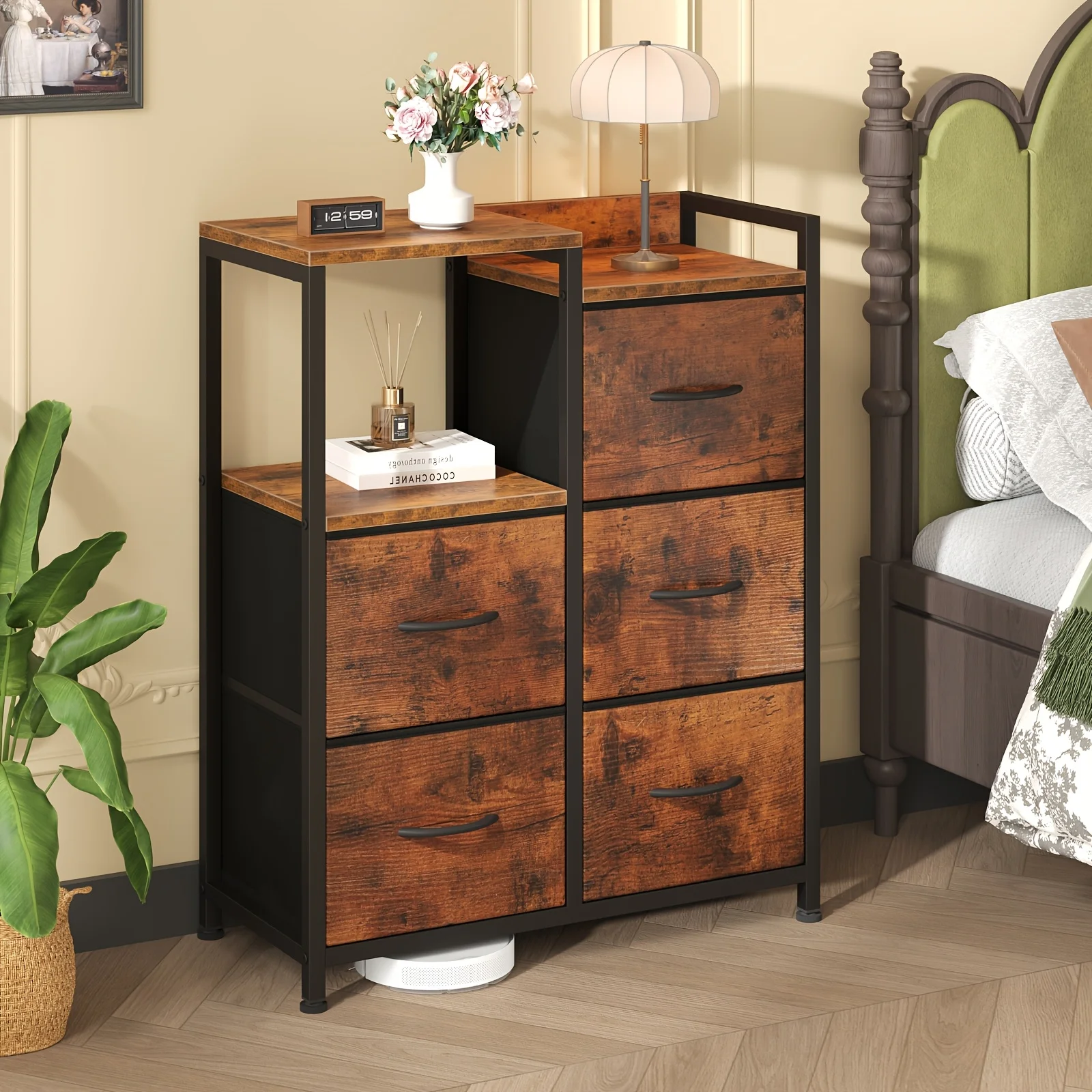 

5-Drawer TV Stand with Raised Shelf & Fabric Bins - Freestanding Storage Tower Suitable for Bedroom, Hallway, Closet Organizatio
