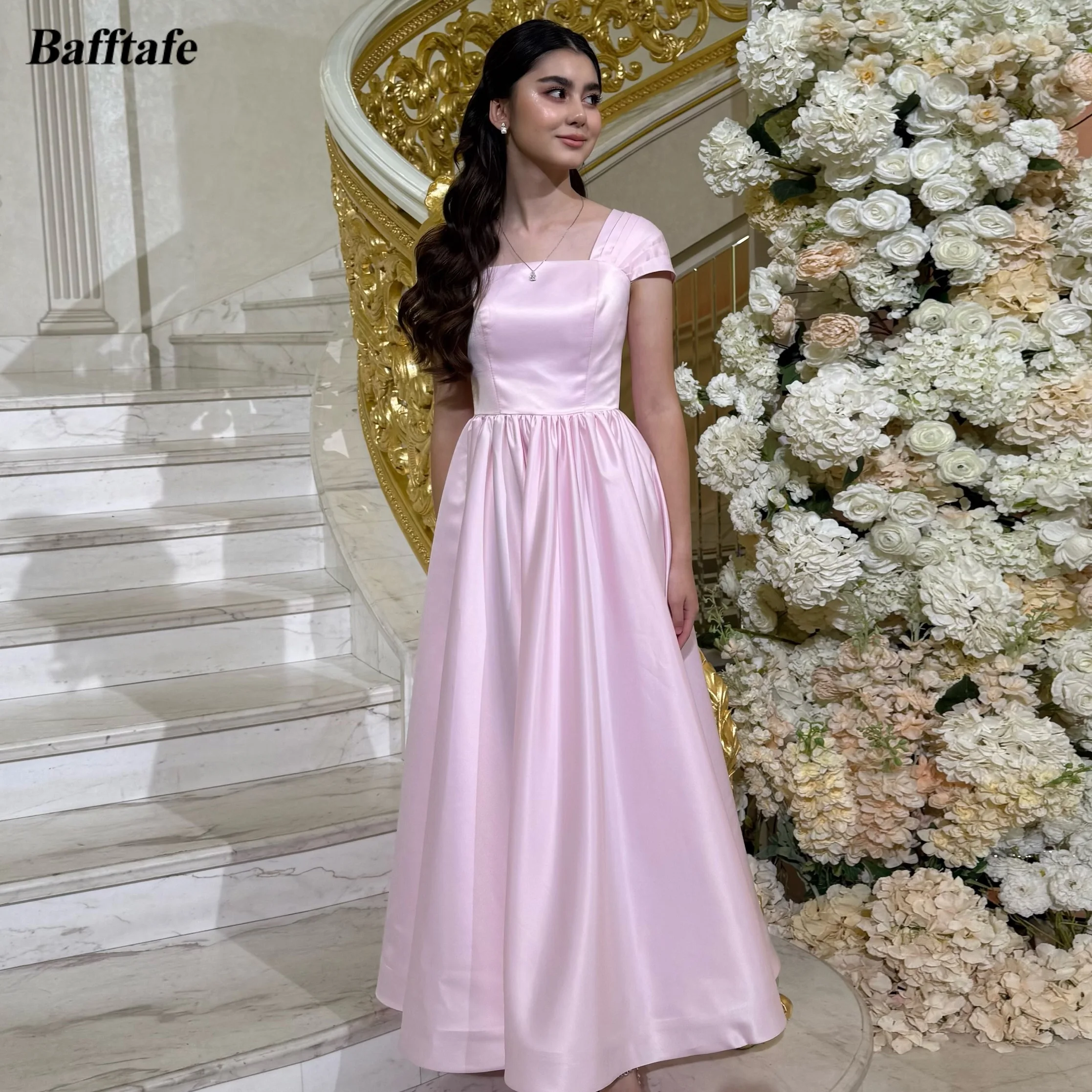 Bafftafe Simple Customized Prom Dresses Satin Cap Sleeves Long Formal Occasion BirthdayWomen Wedding Party Bridesmaid Gowns