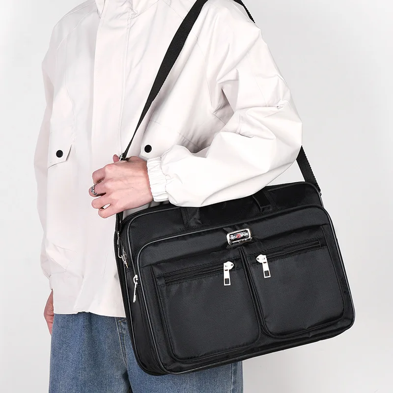 Multifunctional Black Business Briefcase with Red Accents Large - Capacity Laptop Bag for Men's Office and Travel Use