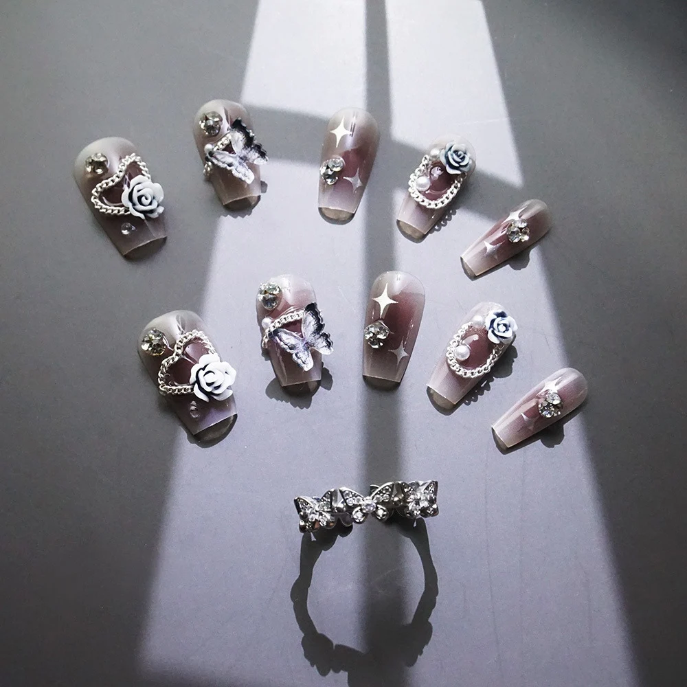 

24pc Sweet Cool Rose False Nails with 3D Butterfly Design Korean Fake Nail Tips for Girl Lady Wearable Full Cover Press on Nails