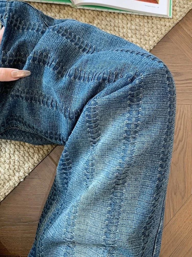 Zwaargewicht gebreide denim jeans met wijde pijpen, hoge taille, casual blauwe dames herfst nieuwe Sle vloerlengte rechte buisbroek