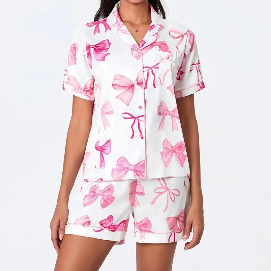 Y2k Pink Bow Silk Pajama Sets for Women 2 Piece Preppy Pjs Shorts Cute Short Sleeve Matching Pj Lounge Shirts Sets