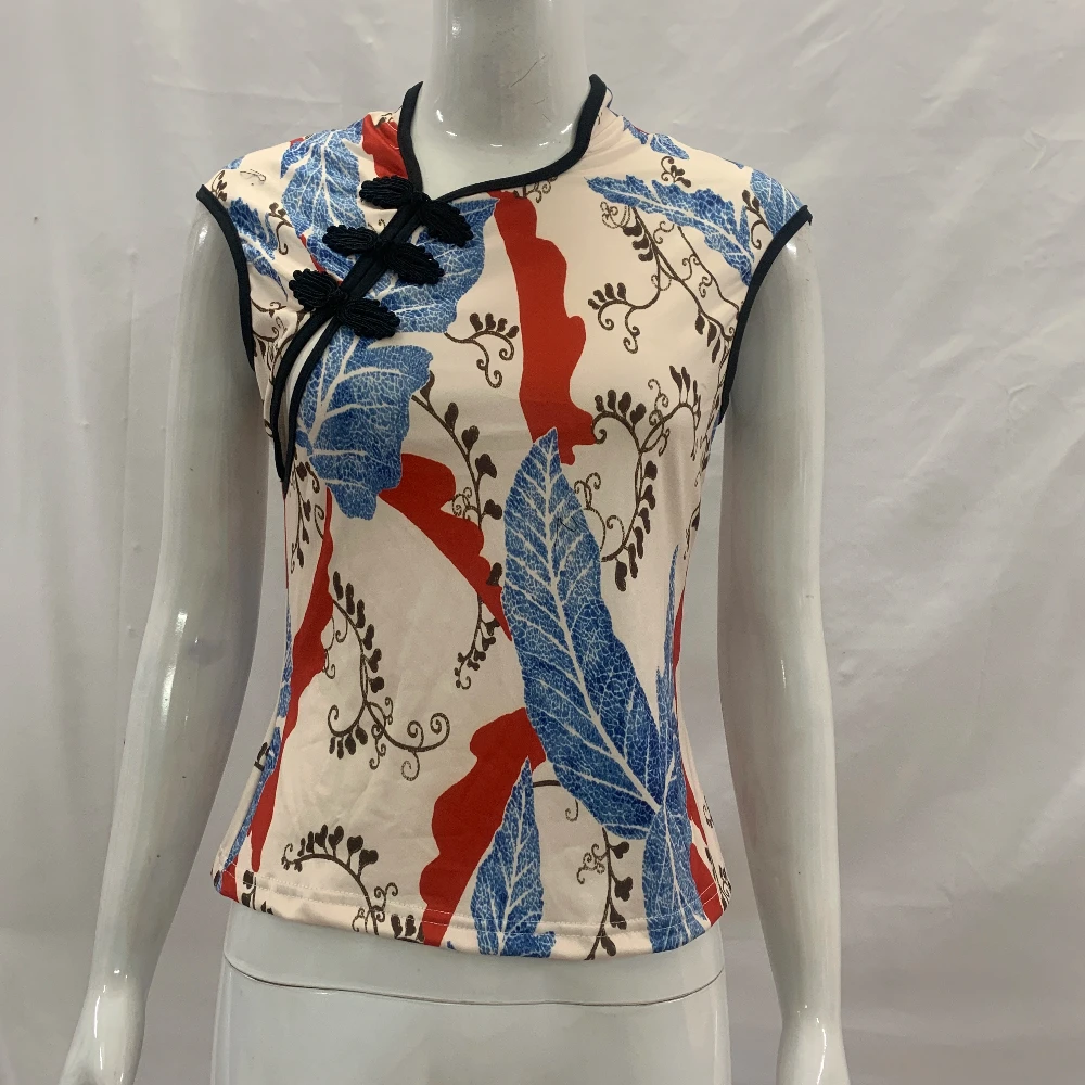 Street Fashion In Chinese - เสื้อครอปแขนกุดทรงเข้ารูปสไตล์ฮาราจูกุลายพิมพ์ต้นไม้ แนวเรโทรจีนใหม่ คอตั้งเล็ก แต่งกระดุม แฟชั่นสตรีทสุดฮิต