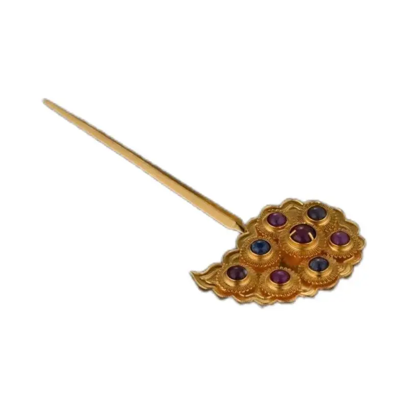Tang Feng Gold-plated Hair Hairpin Golden Vintage Inlaid Gold Hairpin Hundred Flowers Tisi Di Bun Hair Accessories