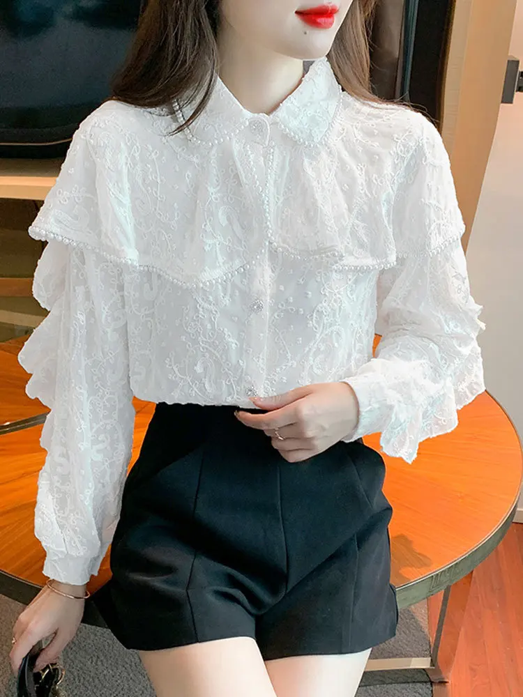 Chiffon Blouses Long Sleeve Beading Women Tops Casual lace Office Lady Women Clothing5