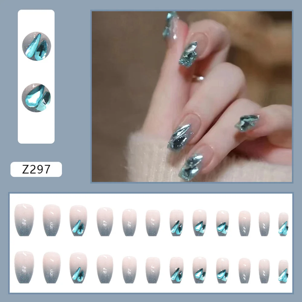 Gradient Blue Rhinestone Fake Nails Eco-friendly No Toxic Safe Material Nail for Home Daily Nail Art Salon