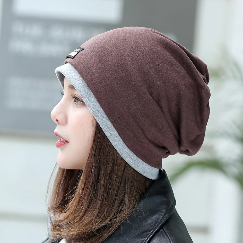 Women Winter Warm Slouchy Beanies Double Layer Cotton Baggy Cap Solid Color Outdoor Windproof Warm Pullover Hats