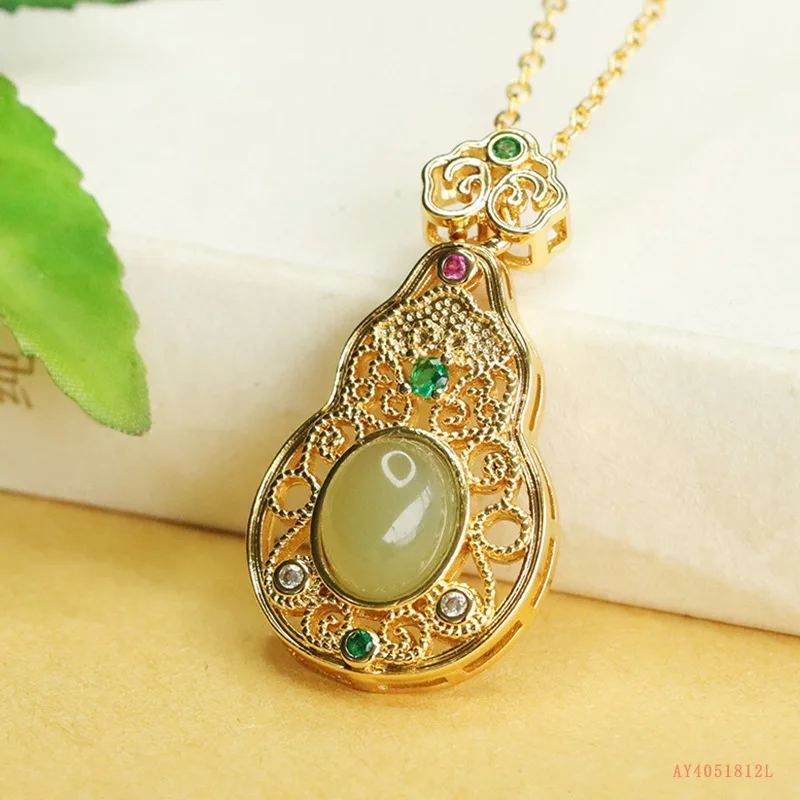 Natural Hetian jade pendant jade gourd necklace ethnic style