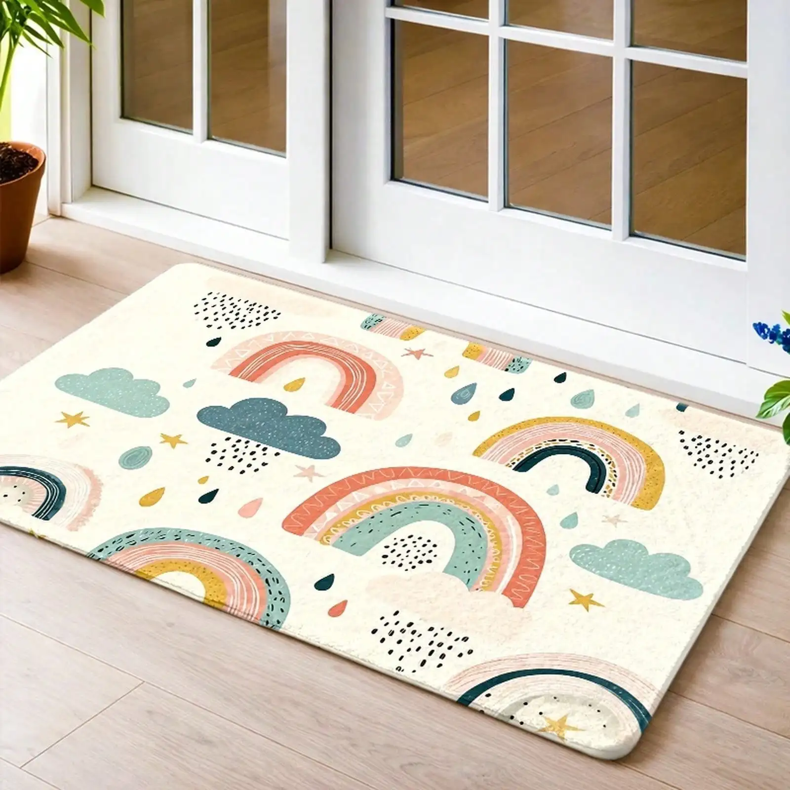 1PC, Cute Rainbow Cloud Pattern Flannel Floor Mat, Non-Slip Bedroom Bedside Rug, Dirt-Resistant And Machine Washable Kitchen Mat, Universal Living Room And