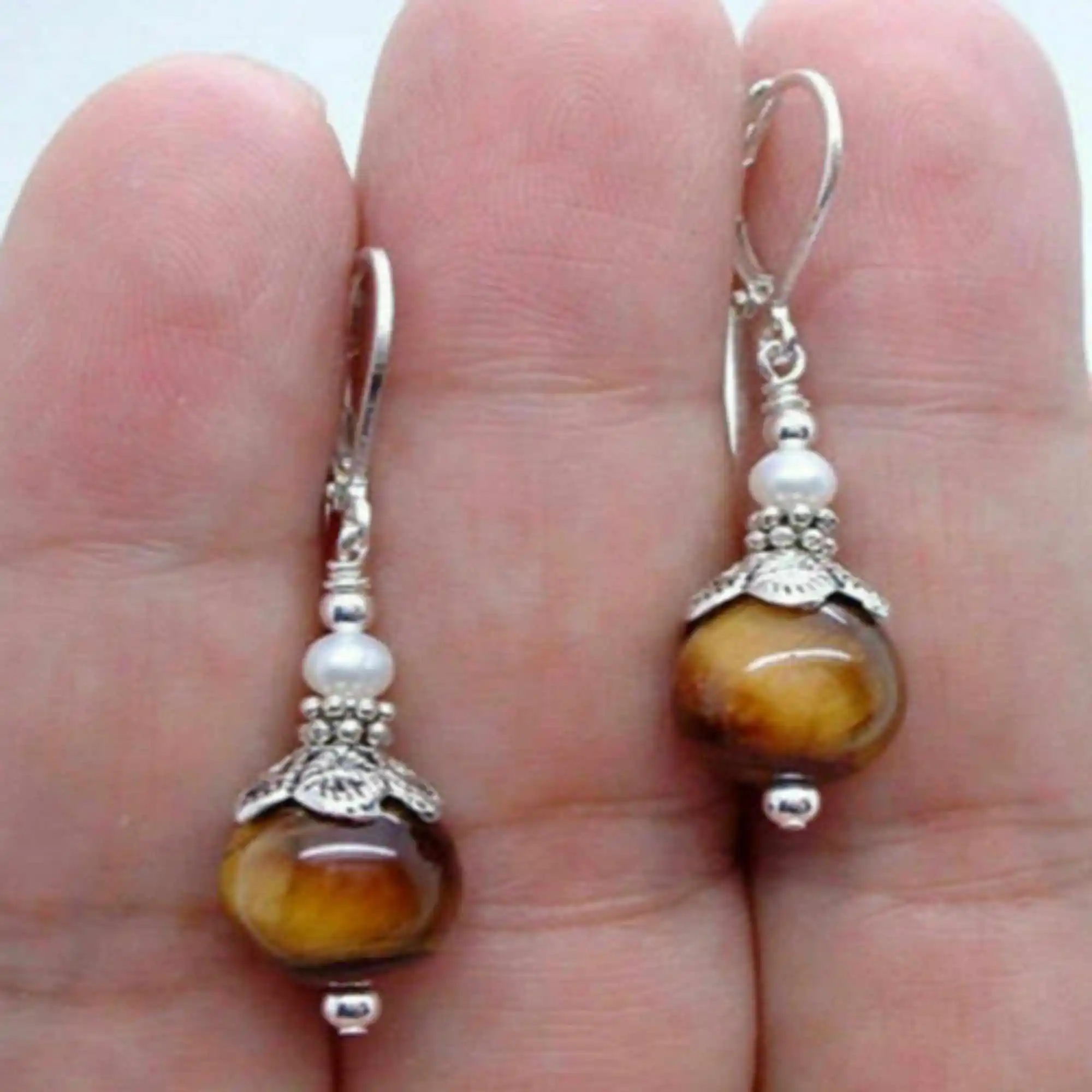 10mm natural brown round Tiger Eye White Pearl 925 silver earrings FOOL'S DAY Wedding Aquaculture New Year Hook VALENTINE'S DAY