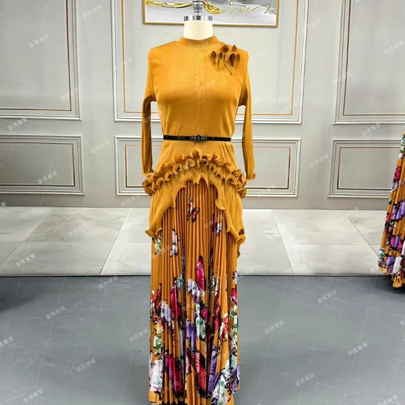 Miyake Plus Size Women's Pleated Dresses Women Waisted Printed Pleated Dresses Middle East Africa Prom Women's Wrinkle-Free