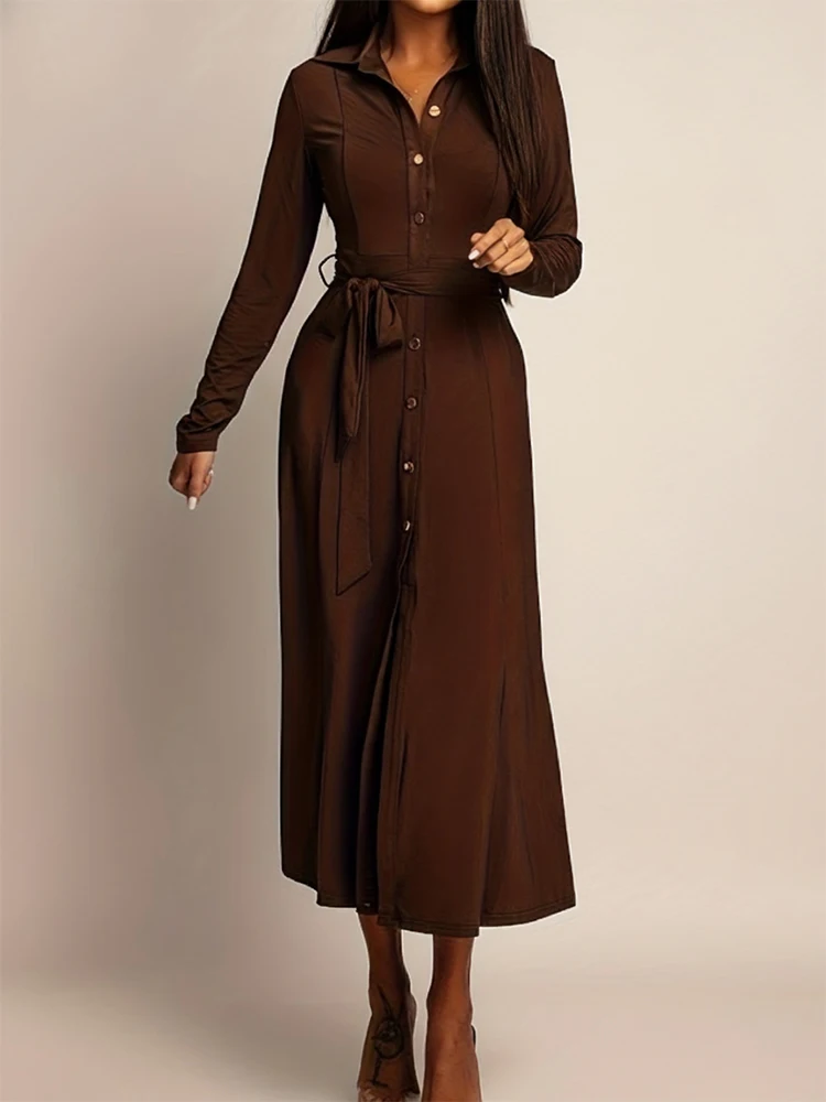 Yeezzi Damen-Hemdkleid, einfarbig, mit Gürtel, lässig, Büro-Revers-Hemdkleid, lange Ärmel, locker geknöpft, elegante Abend-Midi-Kleider
