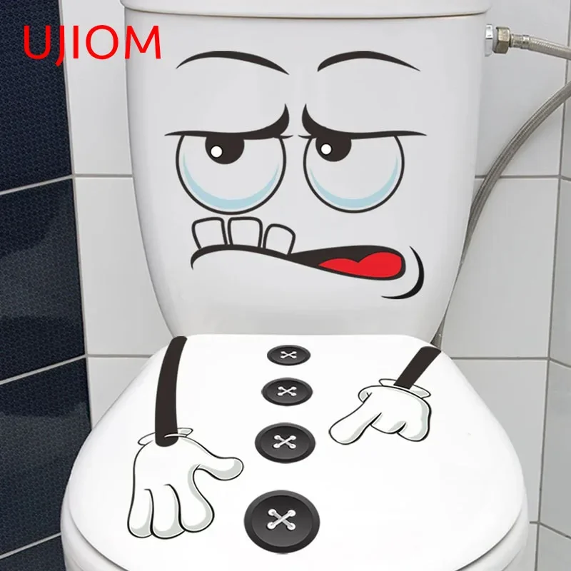 UJIOM 13cm X 6.4cm Funny Expression Wall Sticker Button Decor Waterproof Decal Closestool Lid Bathroom Accessories Scratch-Proof