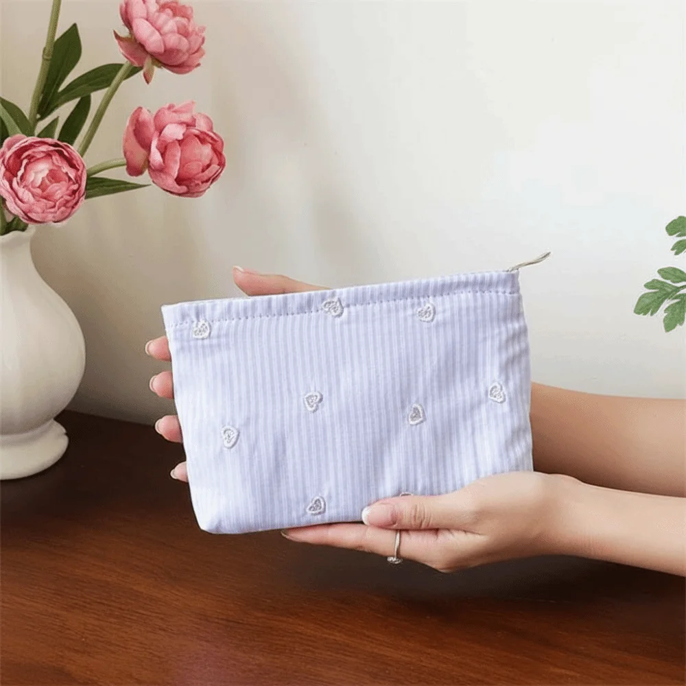 Classic Stripes Makeup Pouch Embroidered Pattern Soft Canvas Cosmetic Organizer Lightweight Washable Cotton Toiletry Bag