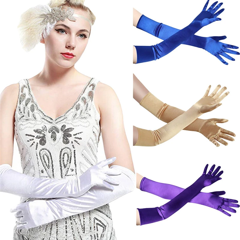 

Elegant Purple Red Black White Bridal Party Gloves for Wedding Prom One Size Fashion Stretch Satin Opera Women purple gloves