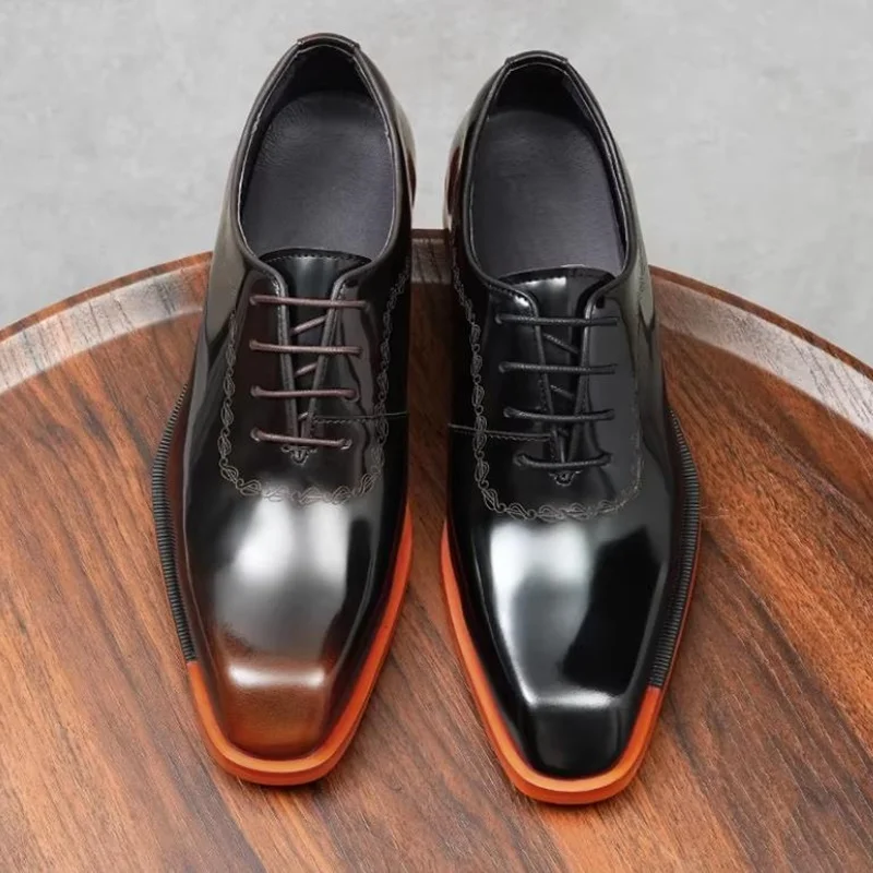Stylish Elegant Men's Shoes New Style Lace-up Square-toe Business Formal Leather Shoes Brown Yellow Oxford Dress Shoes For Man