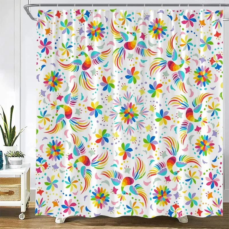 Mexican Floral Bath Curtain, Ethnic Art Birds and Paisley Flowers in White, Polyester Fabric Shower Curtains for Bathroom Decor