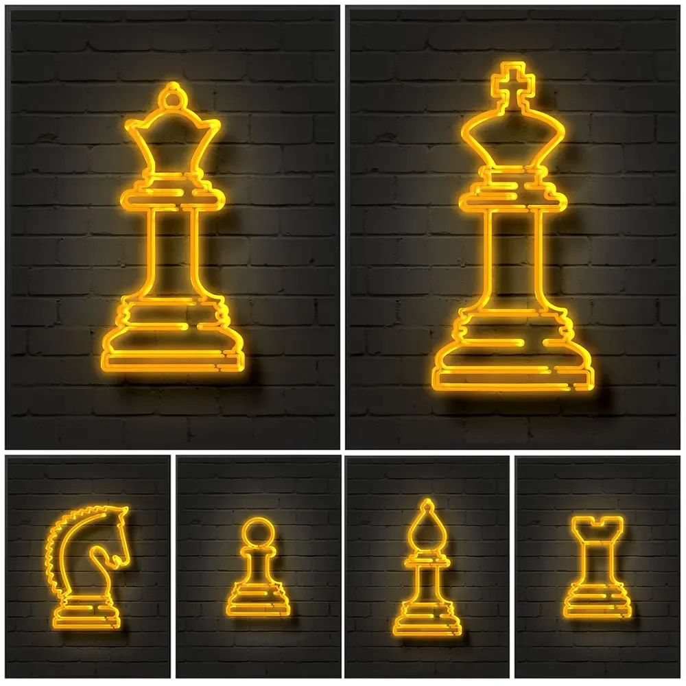 النيون الذهبي قطعة الشطرنج مجردة الملصقات طباعة الأسقف فارس الملكة حائط لوح رسم الفن صور لغرفة المعيشة ديكور #2