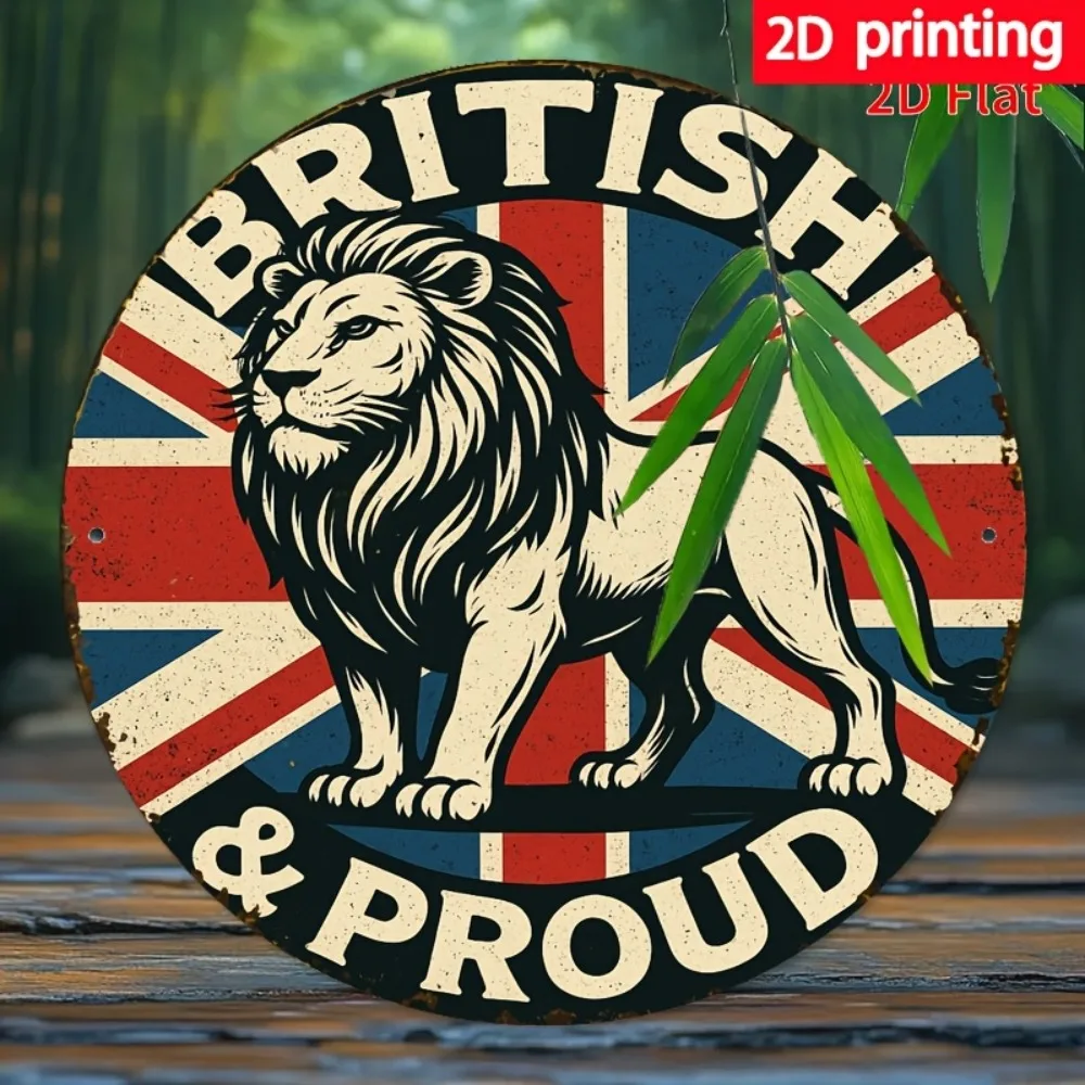 لافتة حائط حديدية عتيقة من Lion & Union Jack - لوحة معدنية ريفية مع نص "British & Proud"، ديكور متين مثبت على الحائط