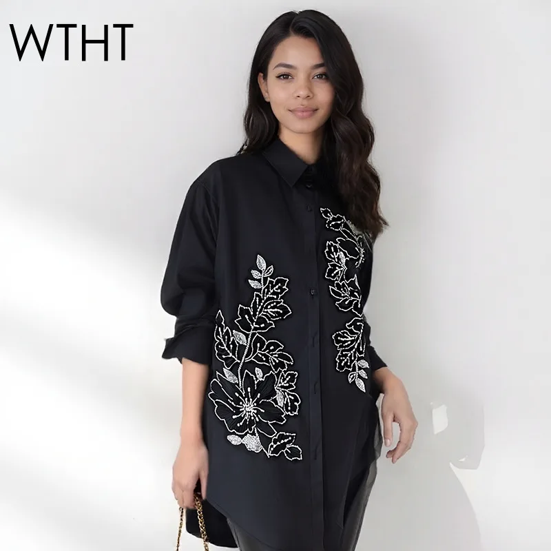 

WTHT New Trendy Women's Heavy Industry Embroidery Nail Beading Shirt 2026 Spring Fashion Lapel Long Sleeve Blouse Female 1LS2827