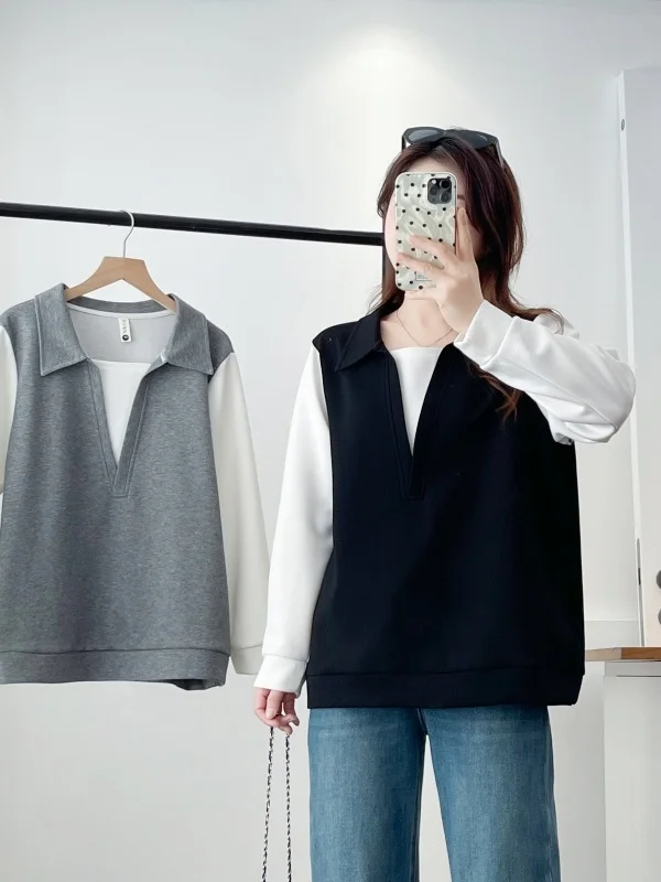 

Spring 2026 Loose Fit Casual Women's Sweatshirt with Stand Collar Patchwork Design plus Size Overhead Top Slimming Effect