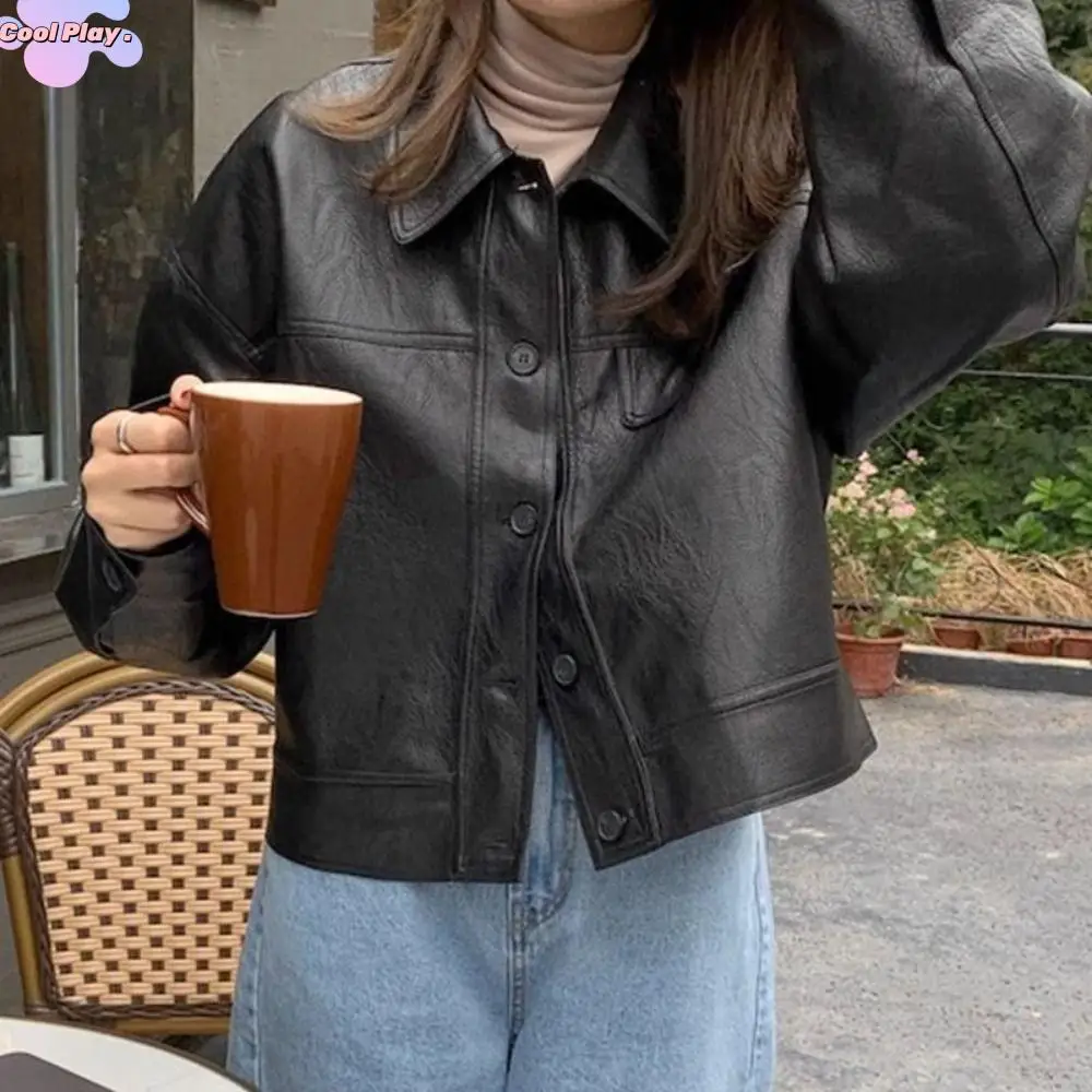 

Модная кожаная куртка с воротником с лацканами, женская корейская шикарная верхняя одежда, пальто на молнии, ветровка в стиле ретро, куртки, уличная одежда