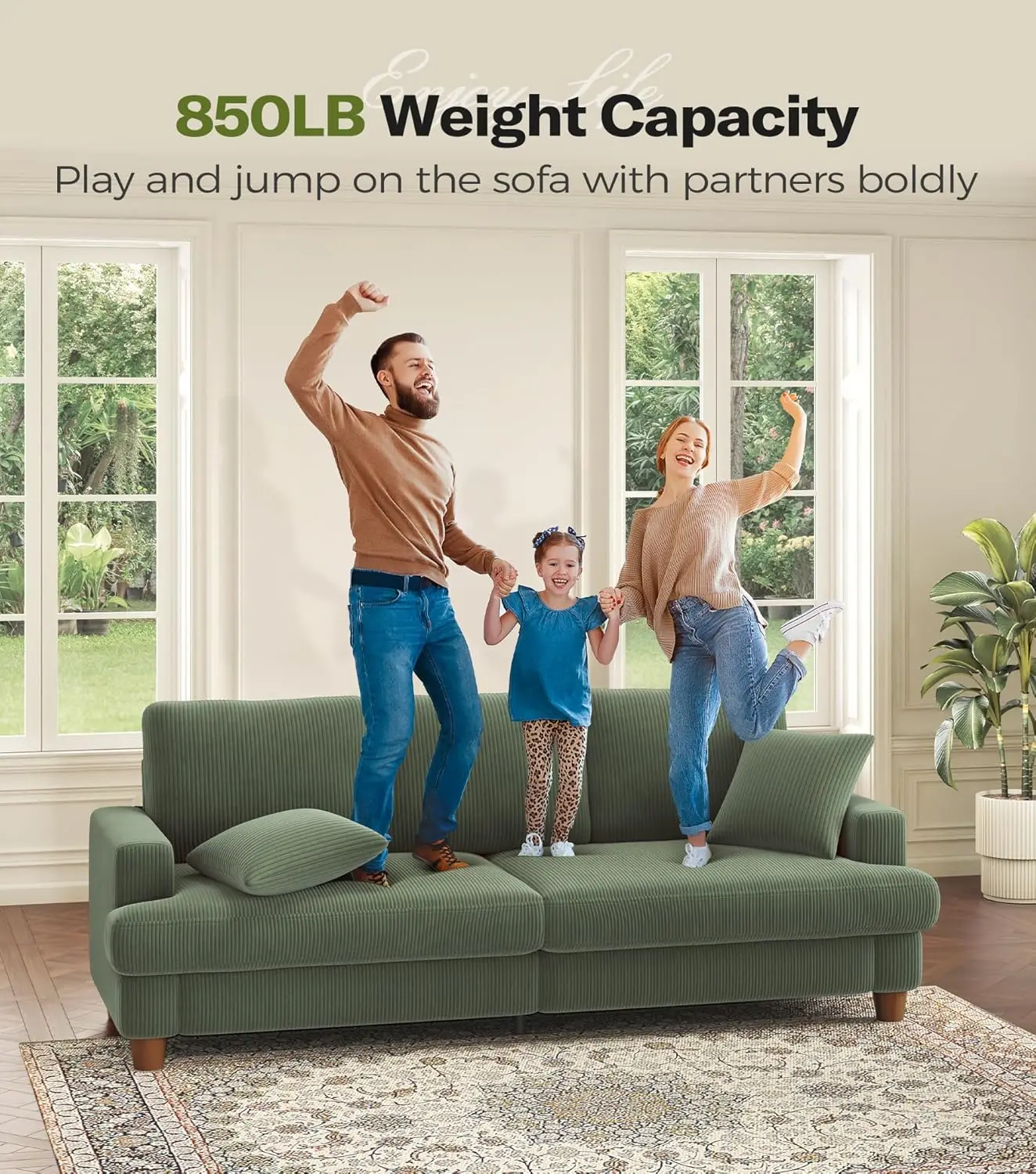 

87in Green Sofa, Couches for Living Room 21in Extra Deep Seats, Comfy Corduroy Sofas for Living Room No Tool Assembly