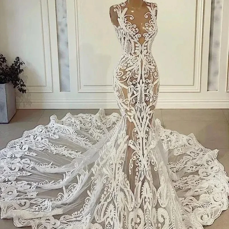 تخصيص 2025 أحدث منظور مثير حورية البحر مخصص فستان الزفاف فستان الزفاف ملصقات الدانتيل ذيل المحكمة النيجيري الأفريقي