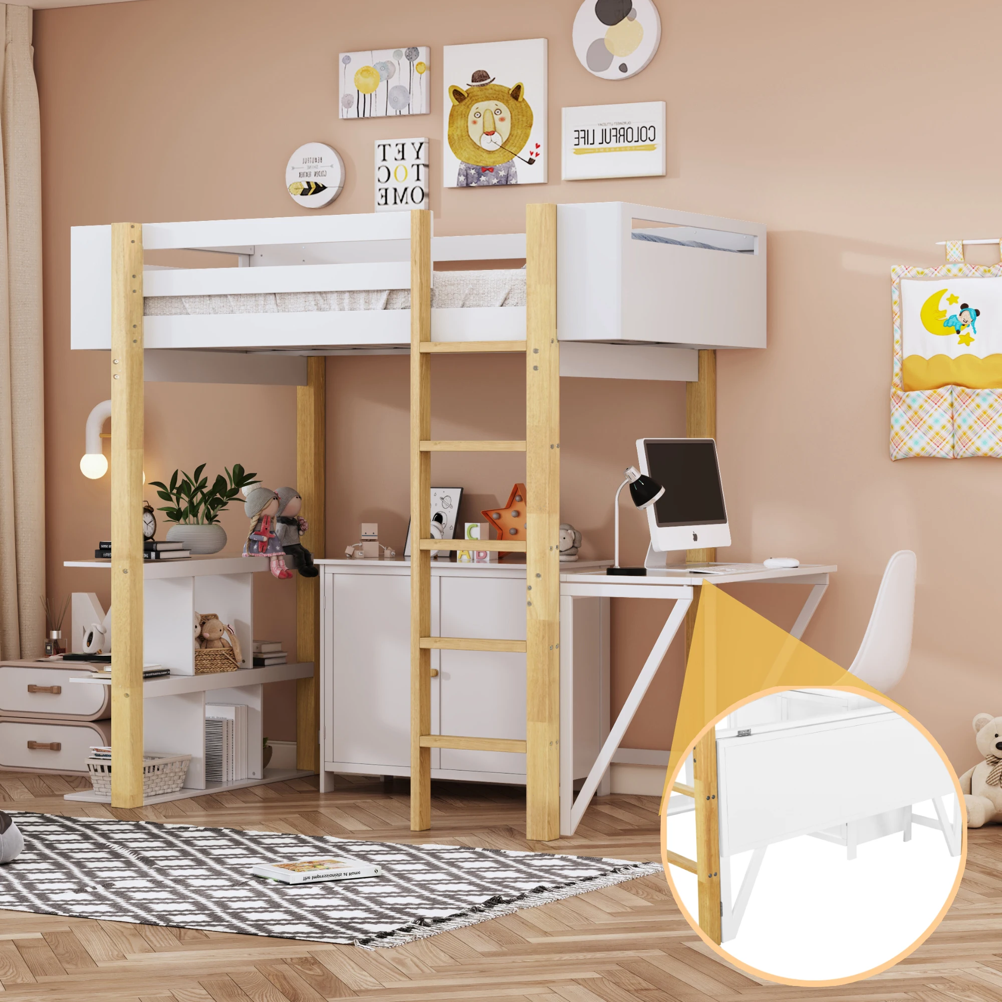 Twin Size Wood Loft Bed With Built-in Storage Cabinet and Cubes, Foldable Desk, White  76.10x44.60x69 in.