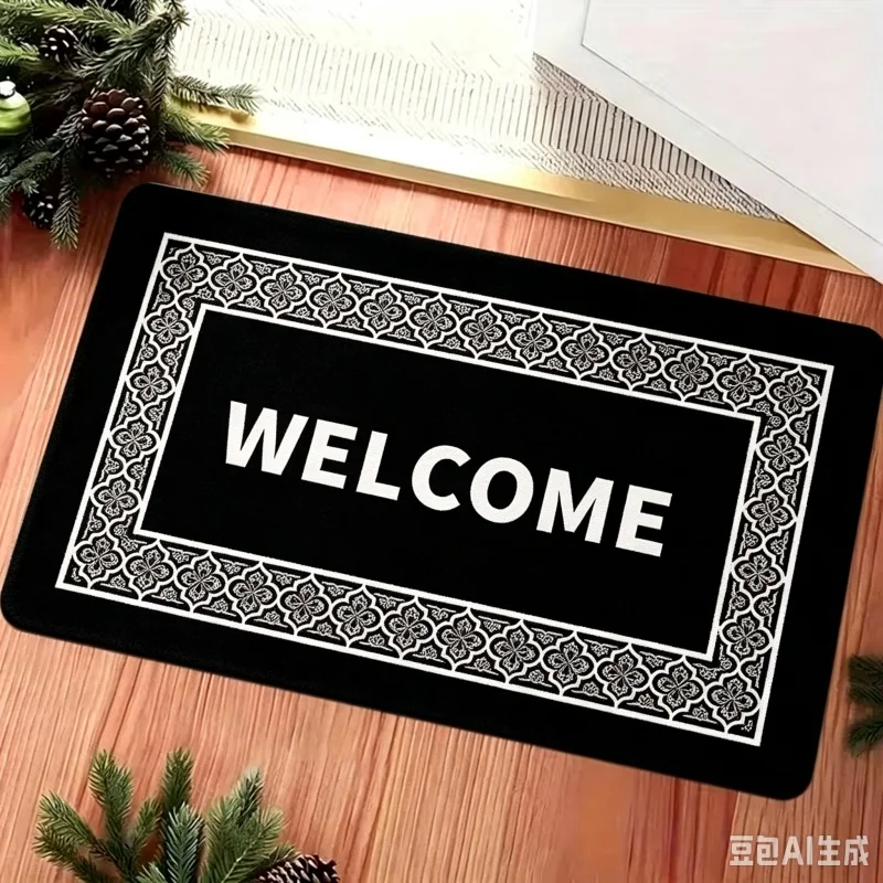 Classic Floral Border WELCOME Letter Printed Indoor Entrance Doormat Rectangle Soft Absorbent Floor Mat Household Entry‑way Foot