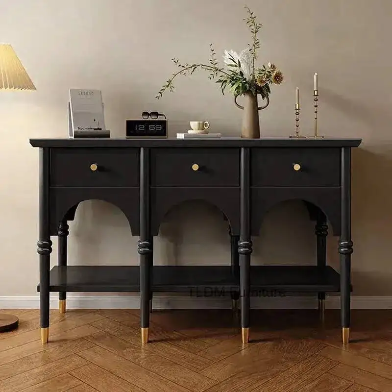 Unique French Personalized Console Tables for Restaurant Retro Black Solid Wood Table with Drawers Console Table for B&B