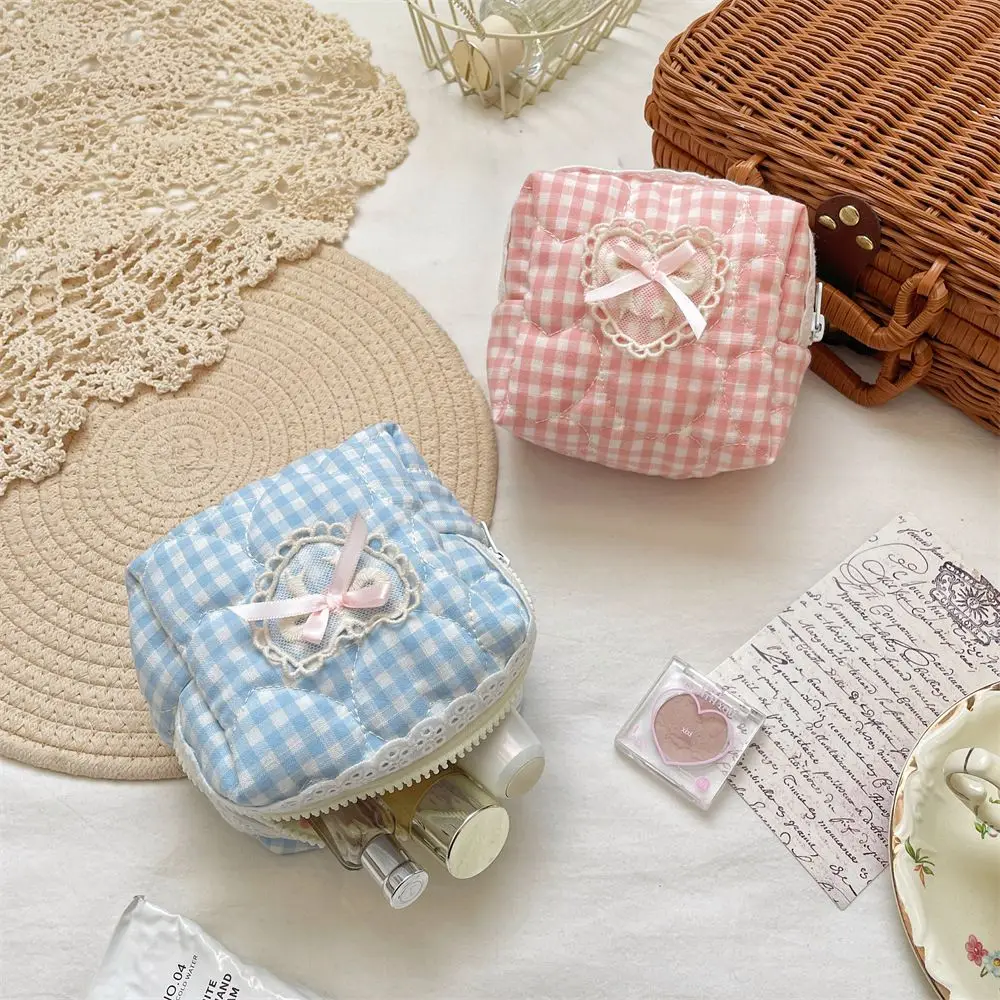 Quilted Portable Cosmetic Bag Lace Heart Bow Plaid Gingham Zipper Coin Purse Sweet Three-dimensional Bow Travel Kit Organizer