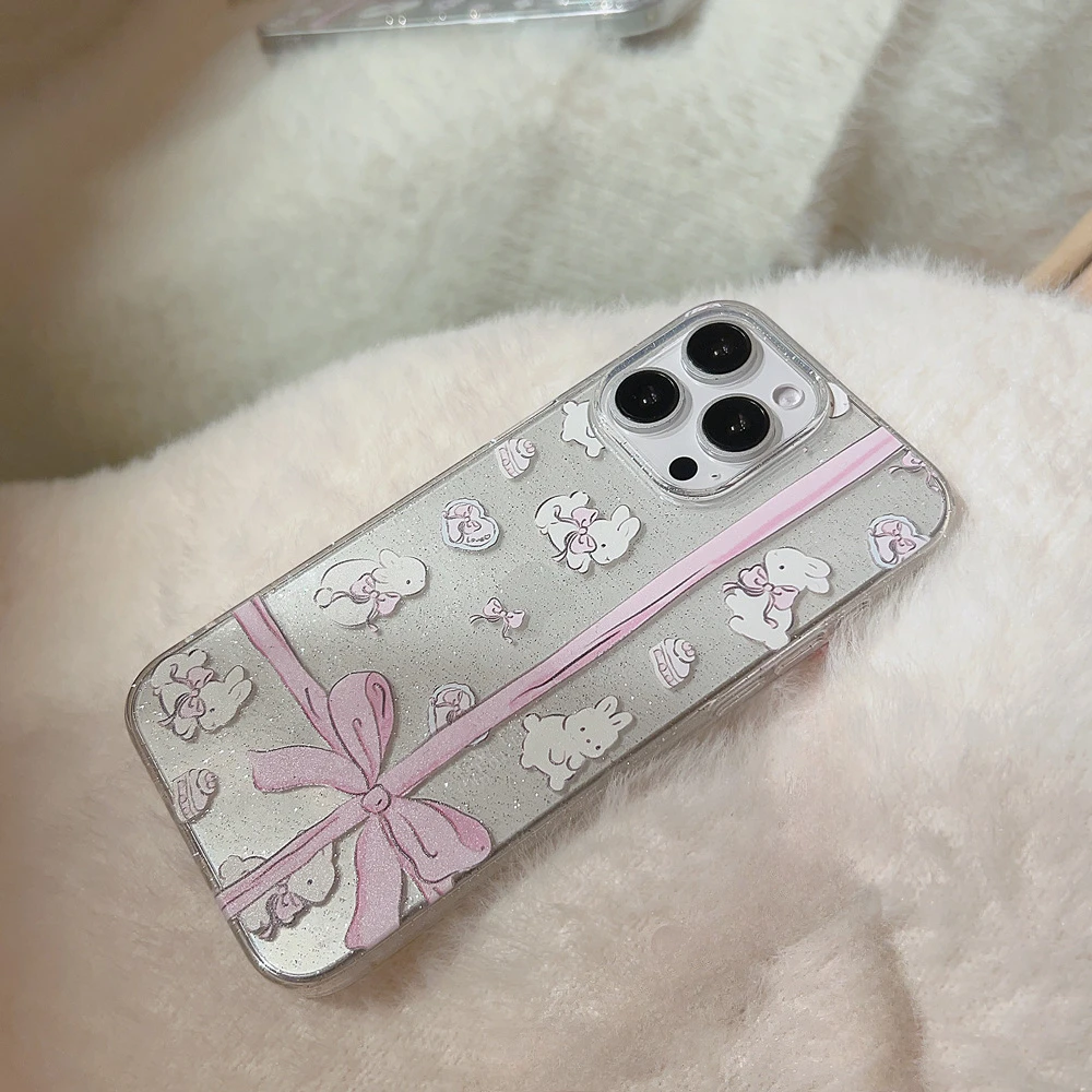 풀 스크린 반짝이 만화 귀여운 나비 매듭 토끼 충격 방지 보호 폰 커버 케이스, 아이폰 16, 15, 14, 13, 12, 11 프로 맥스 플러스